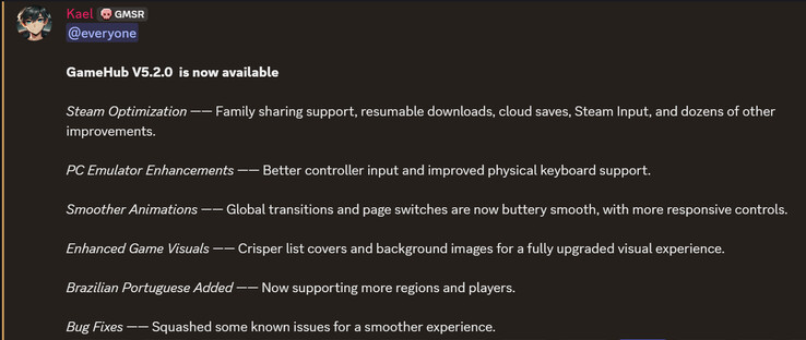 GameHub v5.2 changelog (Bildkälla: GameSir)