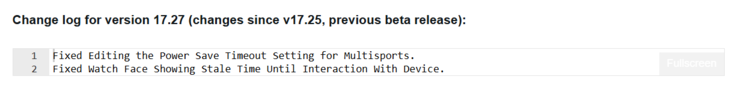 Release Notes för betaversion 17.27 för Garmin Fenix 8 och relaterade smartklockor. (Bildkälla: Garmin)