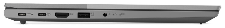Vänster sida: 2x USB 3.2 Gen 2 (USB-C; Power Delivery, Displayport), HDMI, USB 3.2 Gen 1 (USB-A), ljuduttag