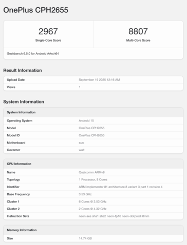 OnePlus 13:s listning på Geekbench. (Bildkälla: Geekbench)