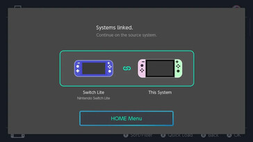 Steg 3 för att länka Nintendo Switch-konsoler för delning av virtuella spelkort: Bekräftelseskärmen "Systems linked" visas, vilket indikerar att länkningsprocessen är slutförd. Användaren uppmanas att fortsätta på källsystemet genom att trycka på HOME Menu-knappen.