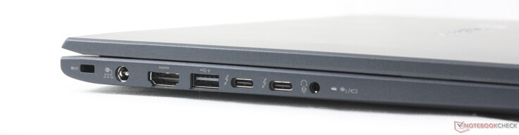 Vänster: Säkerhetslås, nätadapter, HDMI, USB-A Gen 3.2, 2x USB-C 4.0 med DisplayPort + Power Delivery, 3,5 mm headset