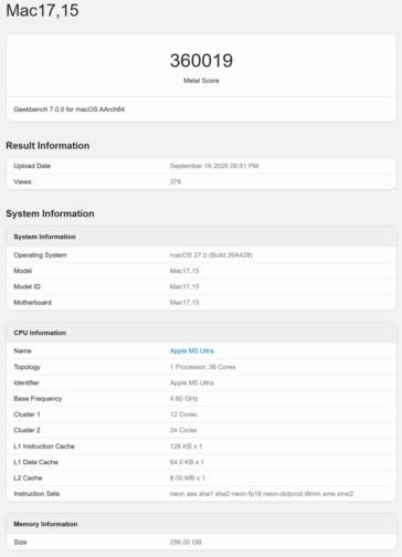 Apple M5 Ultra Geekbench 7 GPU-resultat