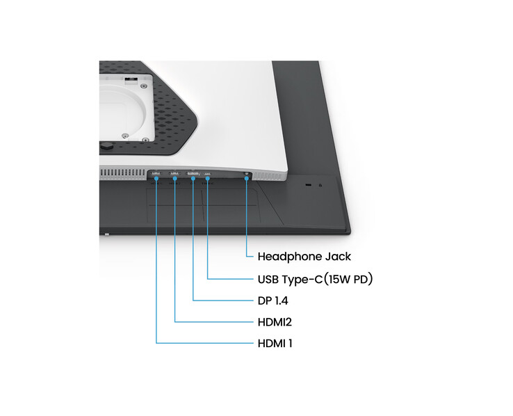 Monitorens anslutningsmöjligheter omfattar två HDMI 2.1-portar och en DisplayPort 1.4-anslutning, samt inbyggda dubbla 2 W-högtalare.