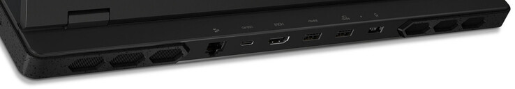 Baksida: Gigabit Ethernet, USB 3.2 Gen 2 (USB-C; Power Delivery, DisplayPort), HDMI, 2x USB 3.2 Gen 1 (USB-A), strömport