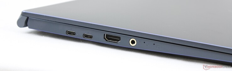 Vänster: 2x USB Typ C + Thunderbolt 3, HDMI 1.4, 3.5 mm kombinerad ljudanslutning