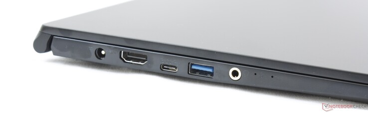 Vänster: AC-adapter, HDMI 1.4, USB Typ C  USB 3.2 Gen. 1 + DP), USB Typ A USB 3.2 Gen. 1, 3.5 mm kombinerad ljudanslutning