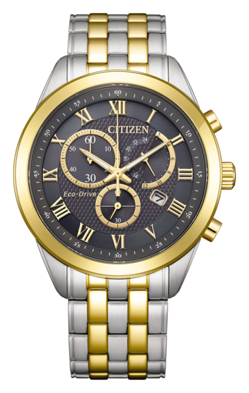 Citizen AT2604-56H Eco-Drive-kronograf med en strukturerad urtavla i kolgrått, guldfärgad bezel och visare samt ett tvåfärgat armband i rostfritt stål.