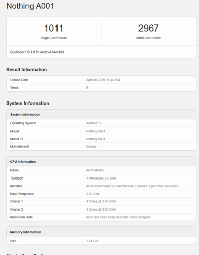 Förmodad CMF Phone 2 Pro Geekbench-listning (bildkälla: Geekbench)