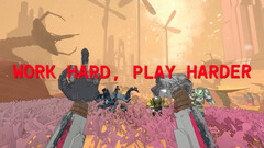 Mycopunk skärmdump med robothänder och text som läser work hard play harder