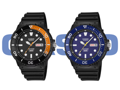Casio MRW-230H-1E4V och MRW-230H-2EV mot Casio-logotypen.