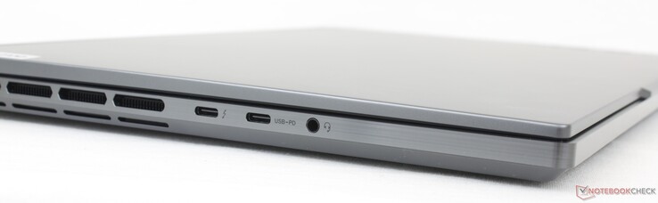 Vänster: USB-C + Thunderbolt 4, USB-C 3.2 Gen. 2 + DisplayPort 1.4 + Power Delivery, 3,5 mm headset