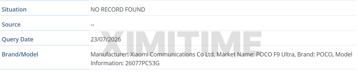GSMA:s IMEI-databas med uppgifter om Poco F9 Ultra.