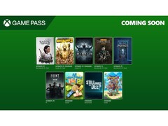 En reklambild för Xbox Game Pass som visar omslagsbilder för nio nya titlar som läggs till i tjänsten i april 2025. (Bildkälla: Microsoft)