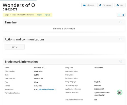 Varumärkesansökan för Wonders of O nr 1