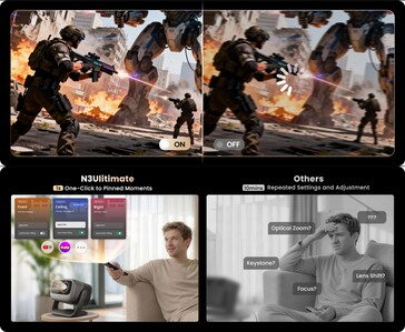 Jämförelse som visar Jmgo N3 Ultimate AI spatialt minne och installation med ett klick jämfört med traditionella projektorers manuella justeringar och buffertfördröjning