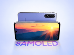Samsung Galaxy F70 5G visas framifrån och bakifrån i lila utförande
