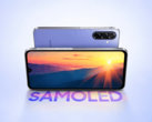 Samsung Galaxy F70 5G visas framifrån och bakifrån i lila utförande