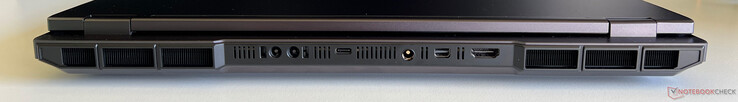 Baksida: anslutning för Oasis vattenkylning, USB-C 4.0 med Thunderbolt 4 (40 GBit/s, DisplayPort ALT Mode 2.1, 140-watts Power Delivery), strömförsörjning, Mini DisplayPort 2.1, HDMI 2.1