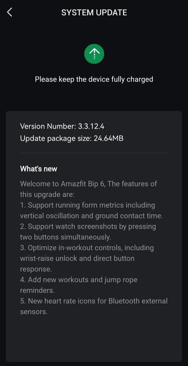 Releaseanteckningarna för programvaruversion 3.3.12.4 för Amazfit Bip 6 smartwatch. (Bildkälla: Reddit)