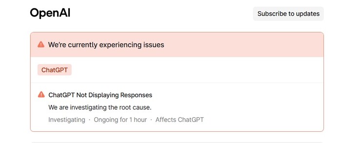 OpenAI har bekräftat problemet. (Bildkälla - OpenAI)