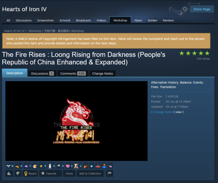 DMCA-meddelandet på The Fire Rises : Loong Rising from Darkness' Steam community-sida. (Bildkälla: Steam)
