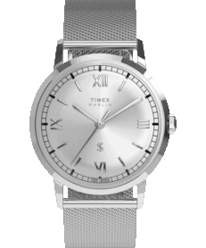 Timex x Todd Snyder Marlin Mesh klocka med silverfärgad urtavla med solstrålemönster och milanesarmband.