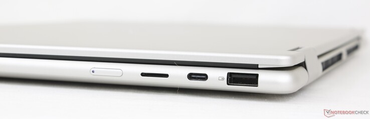 Till höger: Strömknapp, MicroSD-läsare, USB-C (10 Gbps) med DisplayPort 1.4a + Power Delivery, USB-A (5 Gbps)