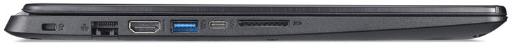 Vänster: plats för kabellås, Gigabit Ethernet, HDMI, 2x USB 3.1 Gen 1 (1x Typ A, 1x Typ C), SD-kortläsare (SDXC)