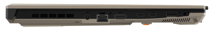 vänster sida: strömanslutning, Gigabit Ethernet, HDMI, USB 4 (USB-C; DisplayPort), USB 3.2 Gen 2 (USB-C; DisplayPort, Power Delivery), USB 3.2 Gen 1 (USB-A), ljudkombination