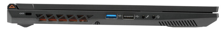 Vänster: Kensington säkerhetslucka, USB 3.2 Gen 1 (USB-A), USB 2.0 (USB-A), mikrofoningång, kombinerat ljuduttag