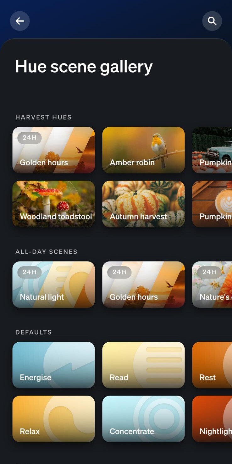 En skärmdump av den nya Harvest Hues-kollektionen i Philips Hue-appens scengalleri. (Bildkälla: Own)