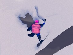 På bilden: Misslyckat stunt, spelarkaraktär som faller ner i snön fotograferad med fotoläge i spelet (Källa: Skärmdump från Studio Gauntlets Sno: Ultimate Freeriding)