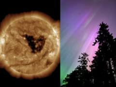 En geomagnetisk storm vid den här tiden på året är betydelsefull på grund av Russell-McPherron-effekten. På bilden - koronalt hål i solen (vänster) och norrsken (höger) (Bildkälla: NOAA, Anubhav Sharma/Notebookcheck)