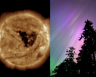 En geomagnetisk storm vid den här tiden på året är betydelsefull på grund av Russell-McPherron-effekten. På bilden - koronalt hål i solen (vänster) och norrsken (höger) (Bildkälla: NOAA, Anubhav Sharma/Notebookcheck)