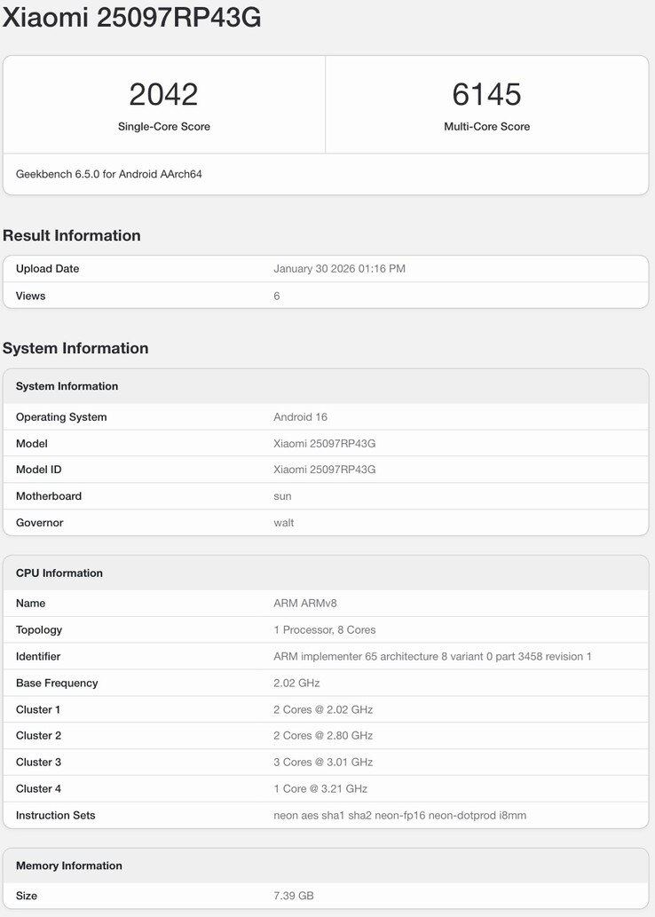 Geekbench-listning av Xiaomi Pad 8:s globala variant.