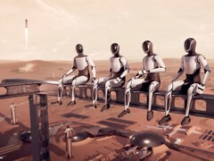 Rendering av Optimus-robotar på Mars.