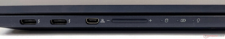 Anslutningar till vänster: 2x Thunderbolt 4 (40GBit/s, DisplayPort ALT mode 1.4, Power Delivery 3.0), 1x Micro HDMI (för LAN)