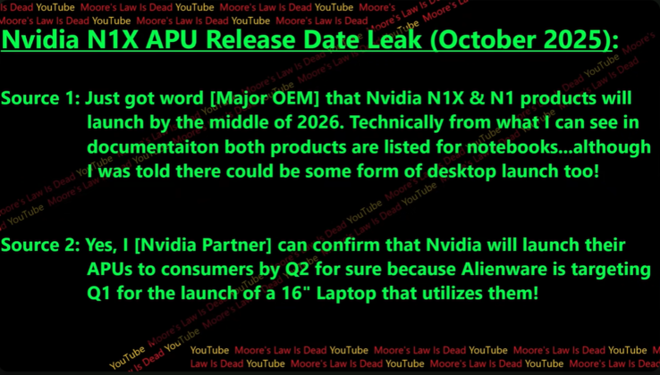 Rykten om utgivningsdatum för Nvidia N1X. (Bildkälla: Moores lag är död på YouTube)