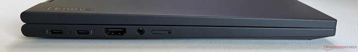 Vänster sida: 2x USB-C 4.0 med Thunderbolt 4 (40 Gbps, DisplayPort 2.1, Power Delivery 3.0), HDMI 2.1, 3,5 mm ljud, Nano-SIM-kortplats