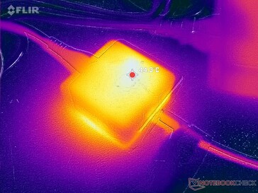 AC-adaptern når över 44 C vid krävande belastningar