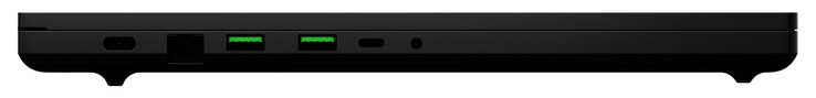 Vänster sida: ström, Gigabit Ethernet (2,5 Gbit), 2x USB 3.2 Gen 2 (USB-A), Thunderbolt 4 (USB-C; DisplayPort, Power Delivery), ljudkombination