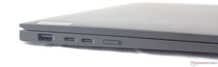 Vänster: USB-A 3.2 Gen. 1, 2x USB-C med Thunderbolt 4 + DisplayPort + Power Delivery, Nano-SIM-kortplats (tillval)