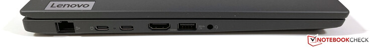 Till vänster: Gigabit Ethernet, 2x USB-C 3.2 Gen.2 (10 GBit/s, DisplayPort ALT mode 1.4, Power Delivery), HDMI 2.0, USB-A 3.2 Gen.1 (5 GBit/s, strömförsörjning), 3,5 mm stereo
