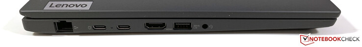 Till vänster: Gigabit Ethernet, 2x USB-C 3.2 Gen.2 (10 GBit/s, DisplayPort ALT mode 1.4, Power Delivery), HDMI 2.0, USB-A 3.2 Gen.1 (5 GBit/s, strömförsörjning), 3,5 mm stereo
