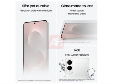 Galaxy S25 Edge läckt produktbild som visar IP68-vattentålighet, titan- och glasdesign. (Bildkälla: Android Headlines)
