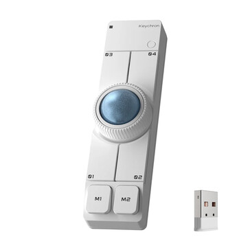 Keychron Nape Pro trådlös trackball-mus i vitt tillsammans med en USB Type-A-dongel