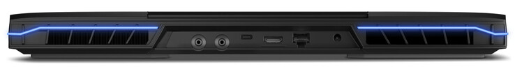 På baksidan: 2 kontakter för vattenkylning, Thunderbolt 4 (USB-C; DisplayPort), HDMI 2.1, Gigabit Ethernet, strömport