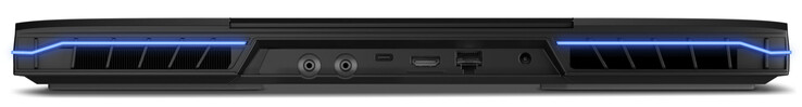 Baksida: 2x koppling för vattenkylning, Thunderbolt 4 (USB-C; DisplayPort), HDMI, Gigabit Ethernet, DC-in