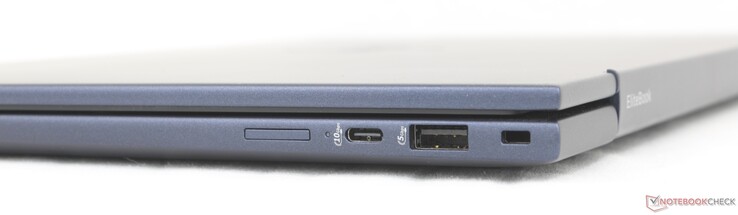 Höger sida: Nano-SIM-kortplats (tillval), USB-C 10 Gbps med strömförsörjning + DisplayPort 1.4, USB-A 5 Gbps, ädelt lås